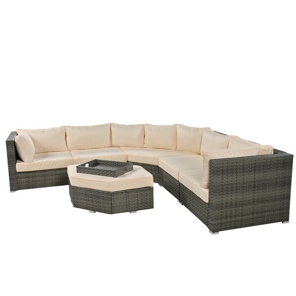 Roomfitters 6 Piece Outdoor Conversation Set，AllWeather Wicker Sectional Sofa with Ottoman，Cushions，Small Trays，Gray