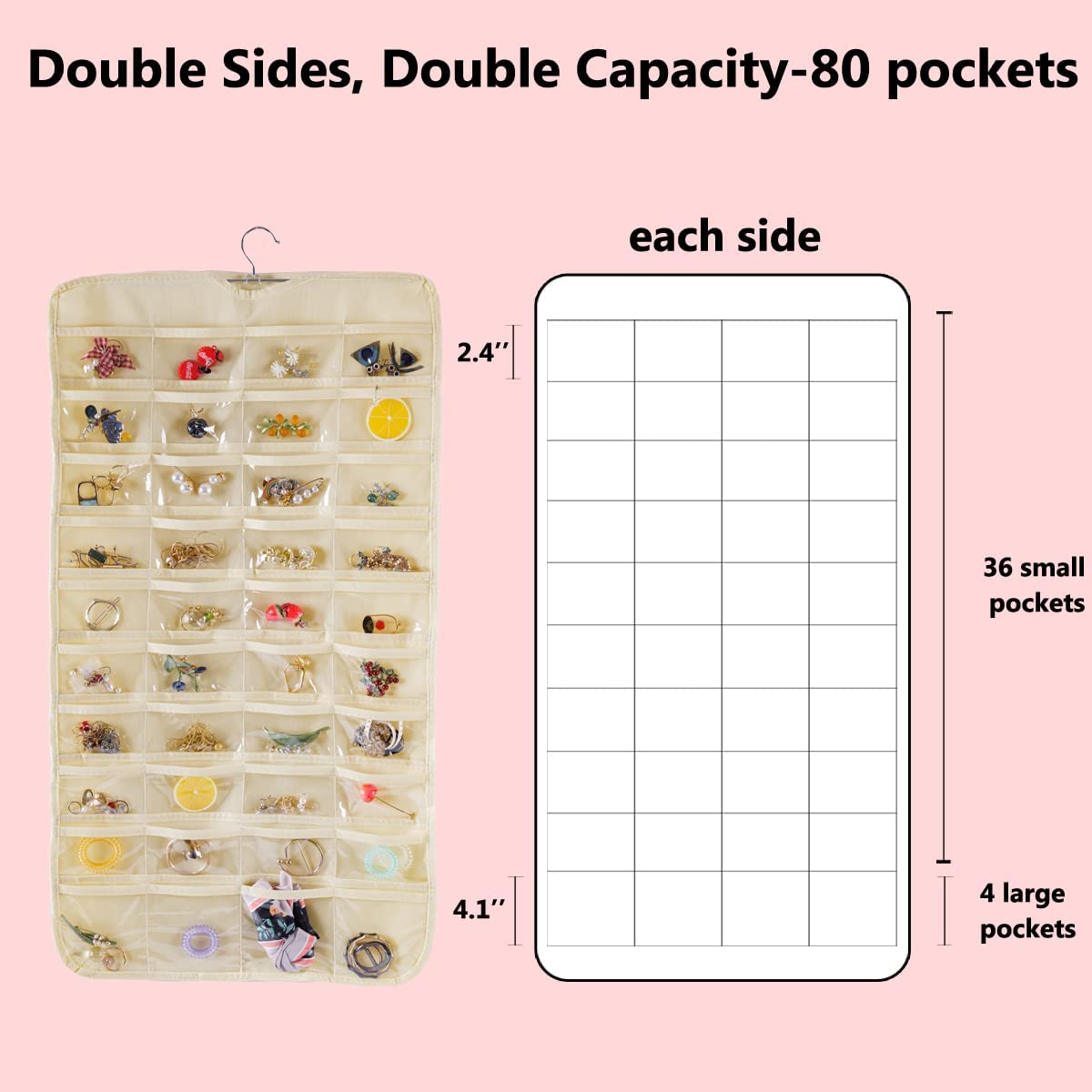 Hanging Jewelry Organizer with 80 Pockets Dual Sided Hanging Jewelry Holder for Jewelry Earring Storage