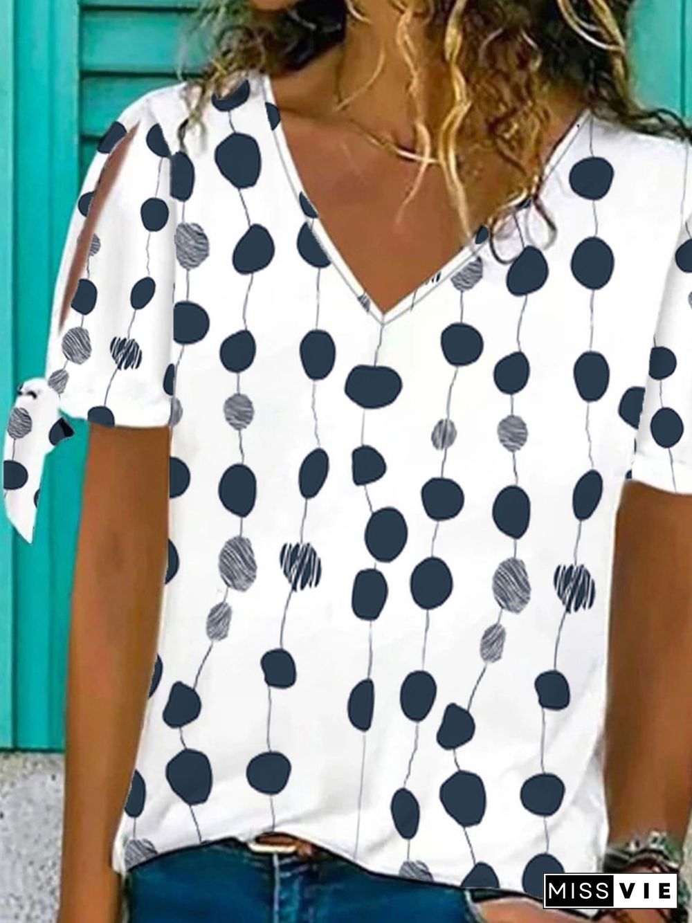 Casual Polka Dots V Neck Loosen T-Shirt