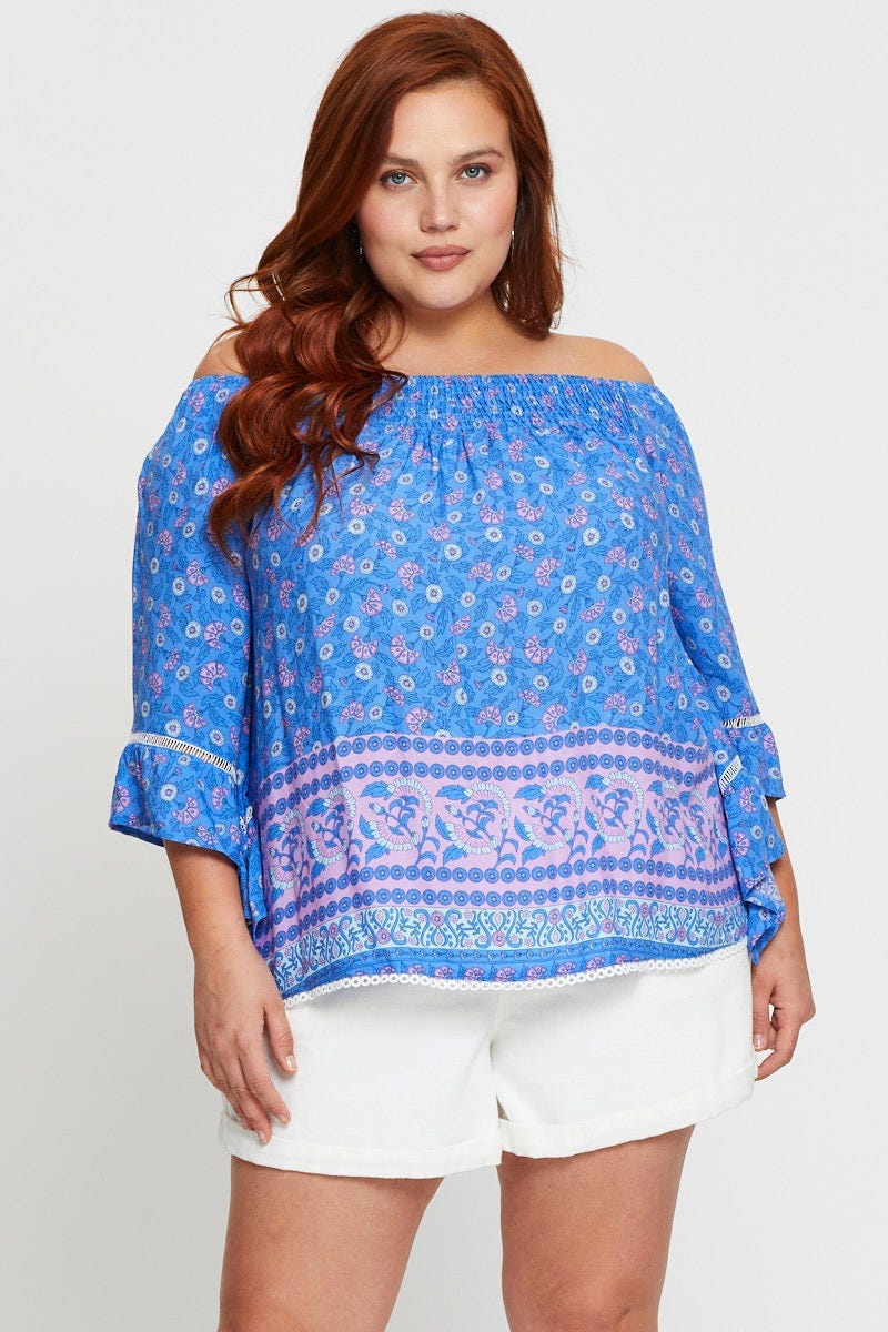 Boho Print Shell Top Half Sleeve Ruffle