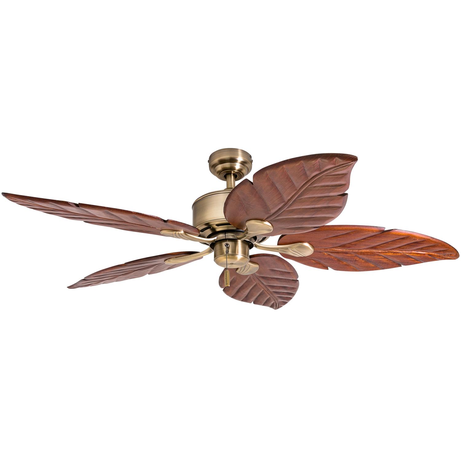 Honeywell Willow View 52 Brass Tropical Ceiling Fan， Hand Carved Blades