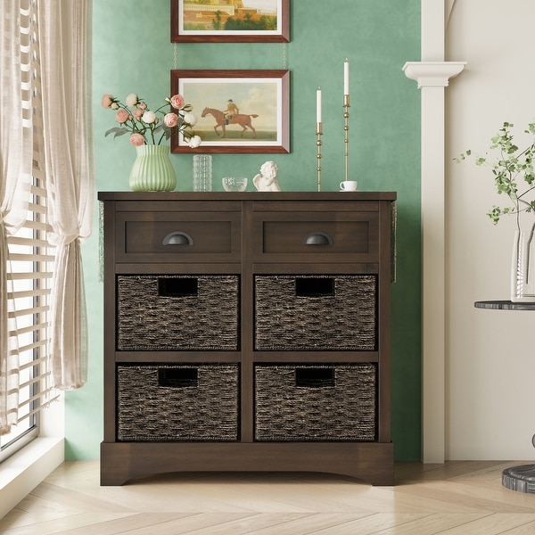 Rustic Storage Cabinet with Two Drawers and Four Classic Rattan Basket for Dining Room/Living Room