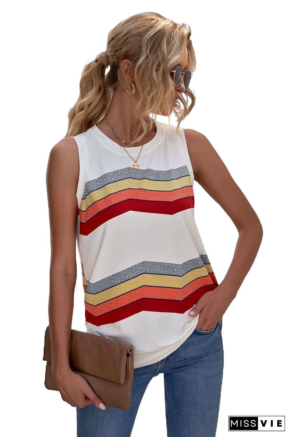 White Crew Neck Colorblock Stripes Tank Top