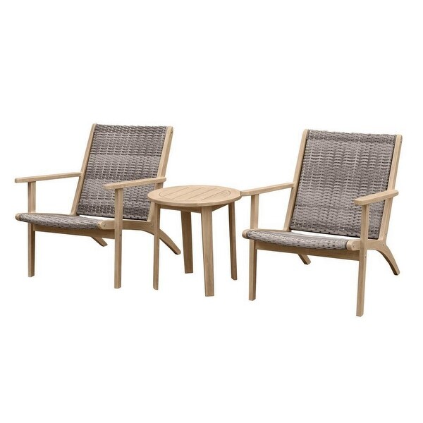 3 Piece Outdoor Set 2 Chairs and End Table， Gray Woven Wicker， Brown Acacia