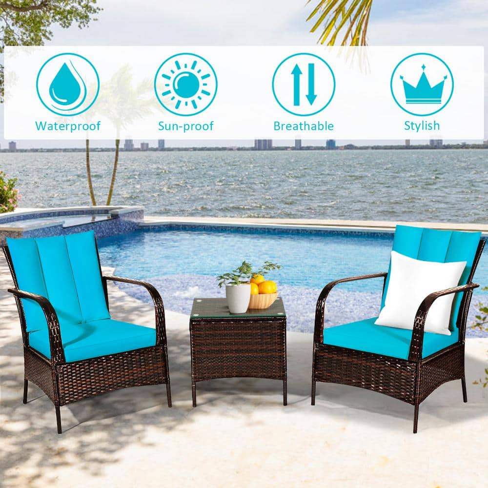 Costway Brown 3-Piece Wicker Patio Conversation Seating Set with Turquoise Cushions HW65850TU