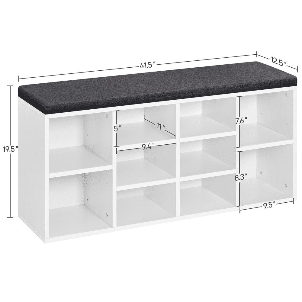 SmileMart 10 Cubbies Shoe Storage Bench， Wood， Foam and Fabric， White