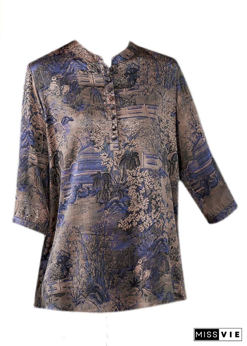 Fashion Blue Patchwork Print Button Silk Blouse Tops Summer