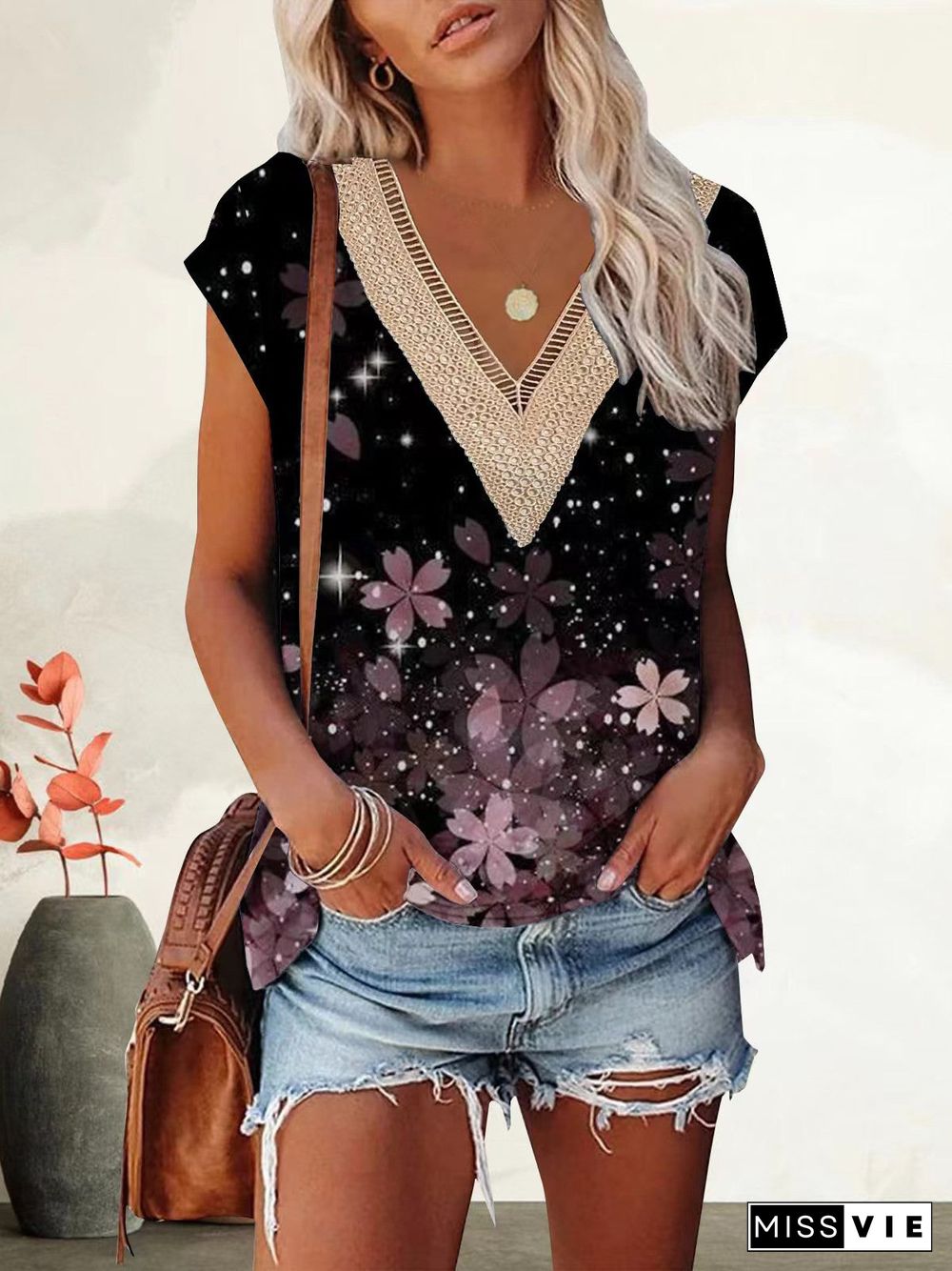 Women's Short-sleeved V-neck Printed Fashion Casual Top