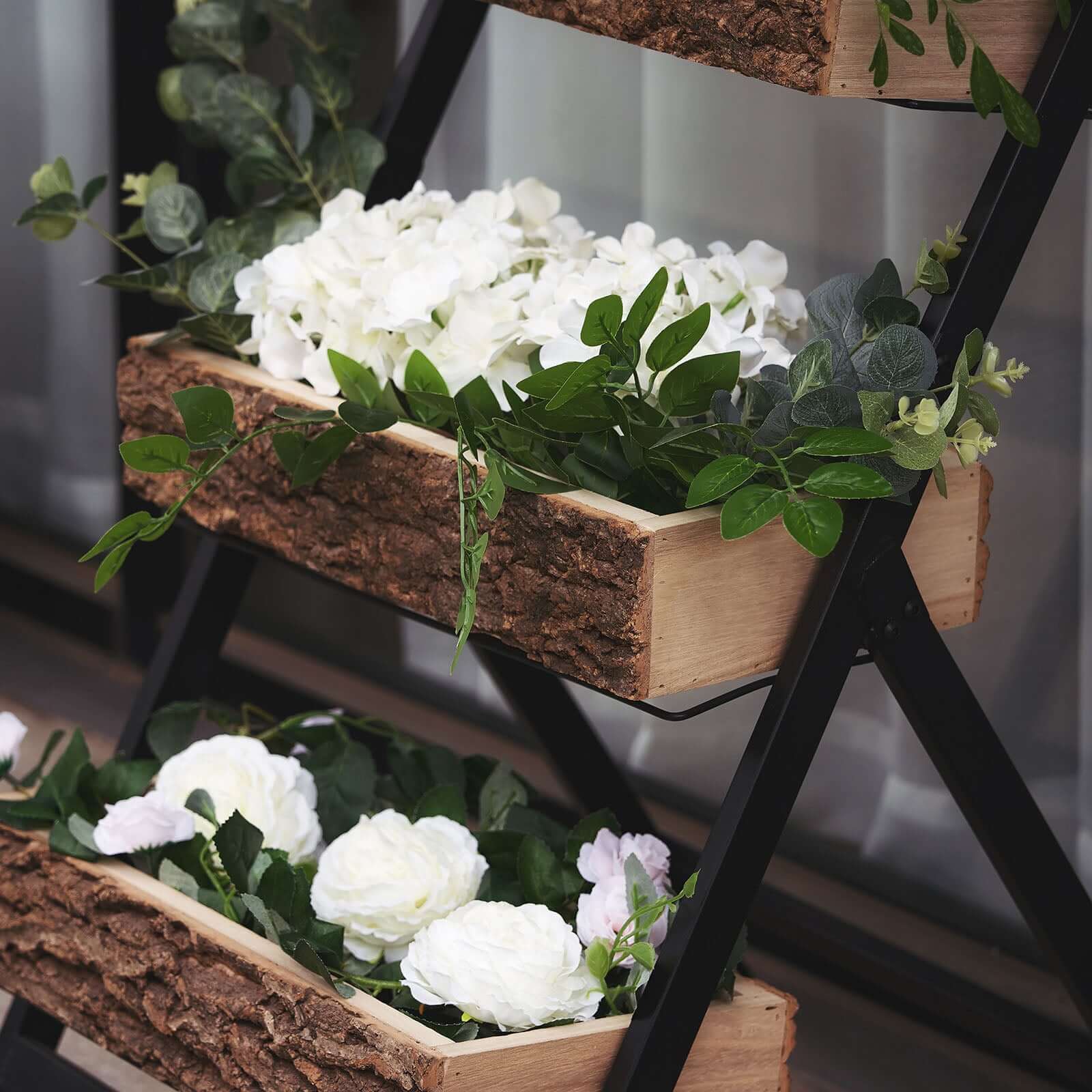 3-Tier Metal Ladder Plant Stand With Natural Wooden Log Planters 42