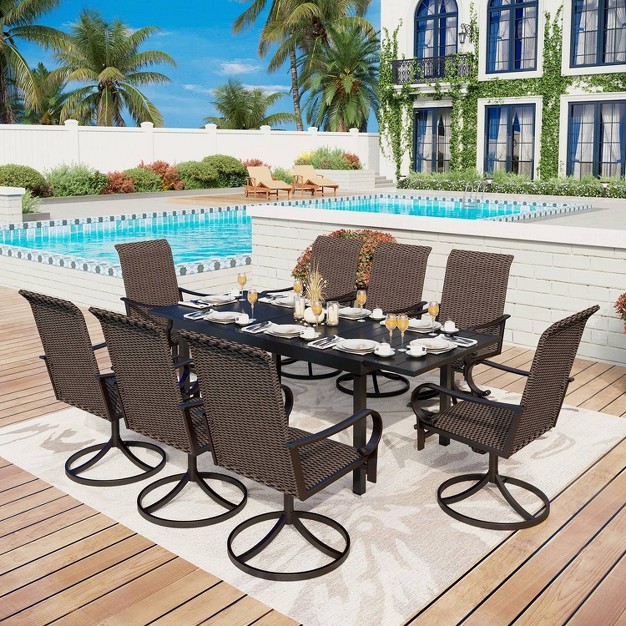 Captiva Designs 9pc Steel Outdoor Patio Dining Set With 360 Swivel Chairs amp Rectangle Extendable Table