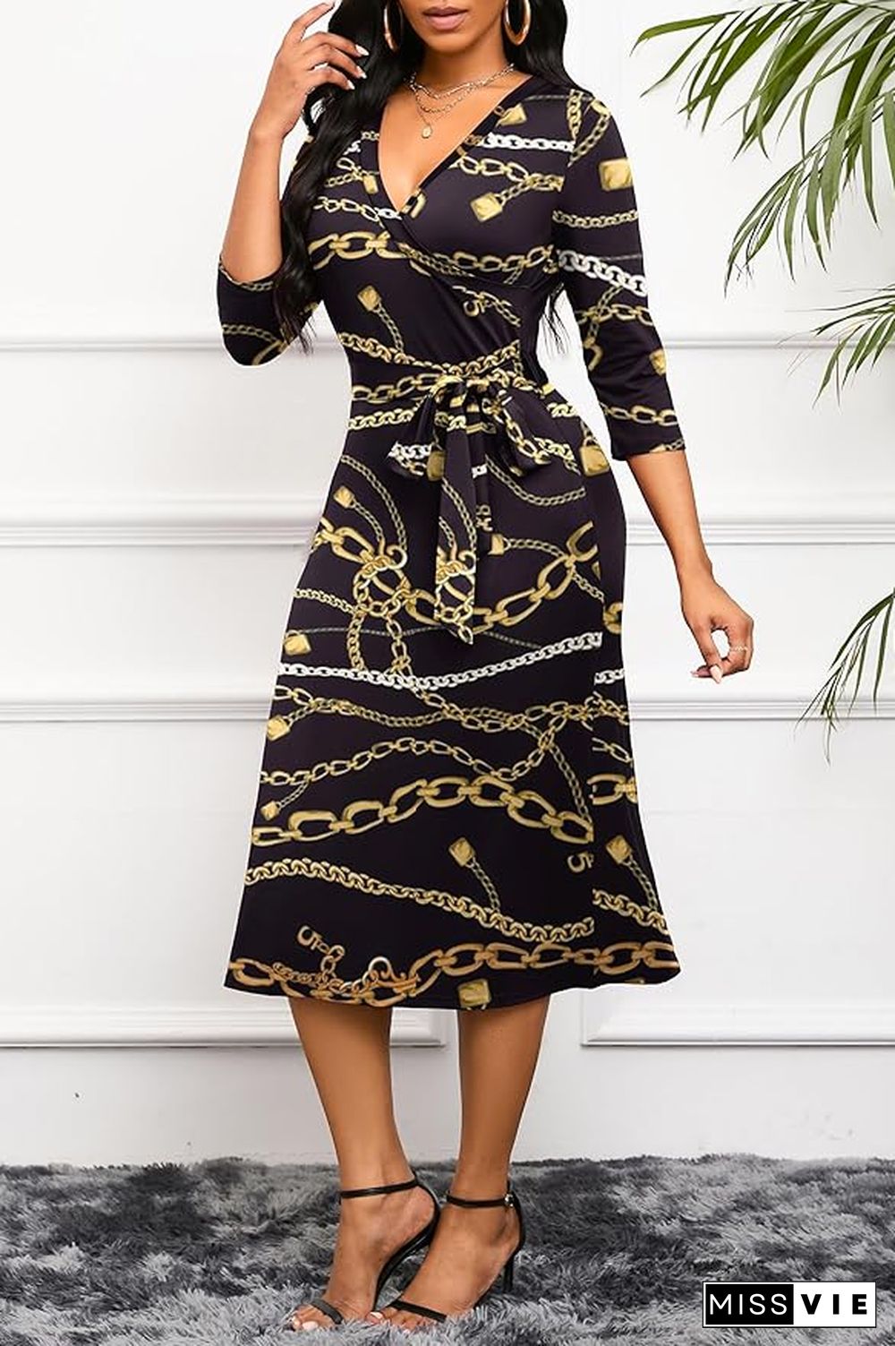 Trendy Print V-Neck Midi Dress