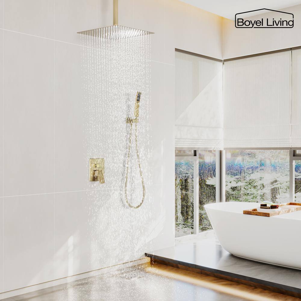 Boyel Living 1-Spray Patterns with 2.5 GPM 16 in. Ceiling Mount Dual Shower Heads with Pressure Balance Valve in Brushed Gold MS-A3806-16BG