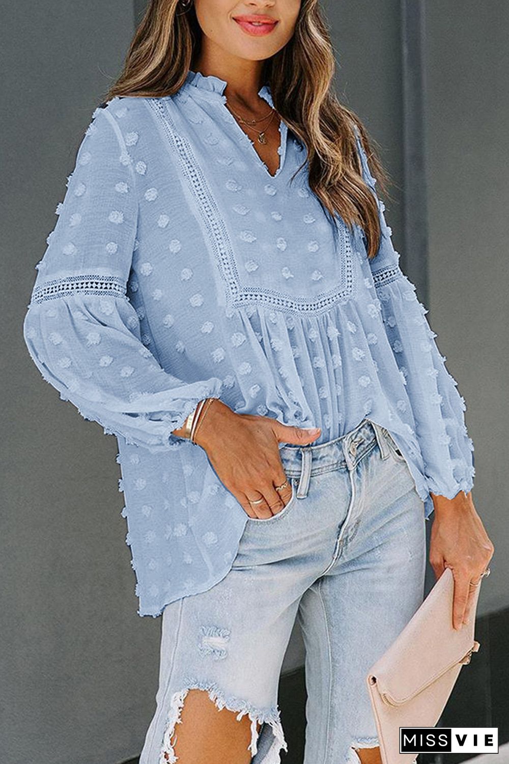 Blue Ruffled Split Neck Lace Hollow Out Puff Sleeve Polka Dot Blouse