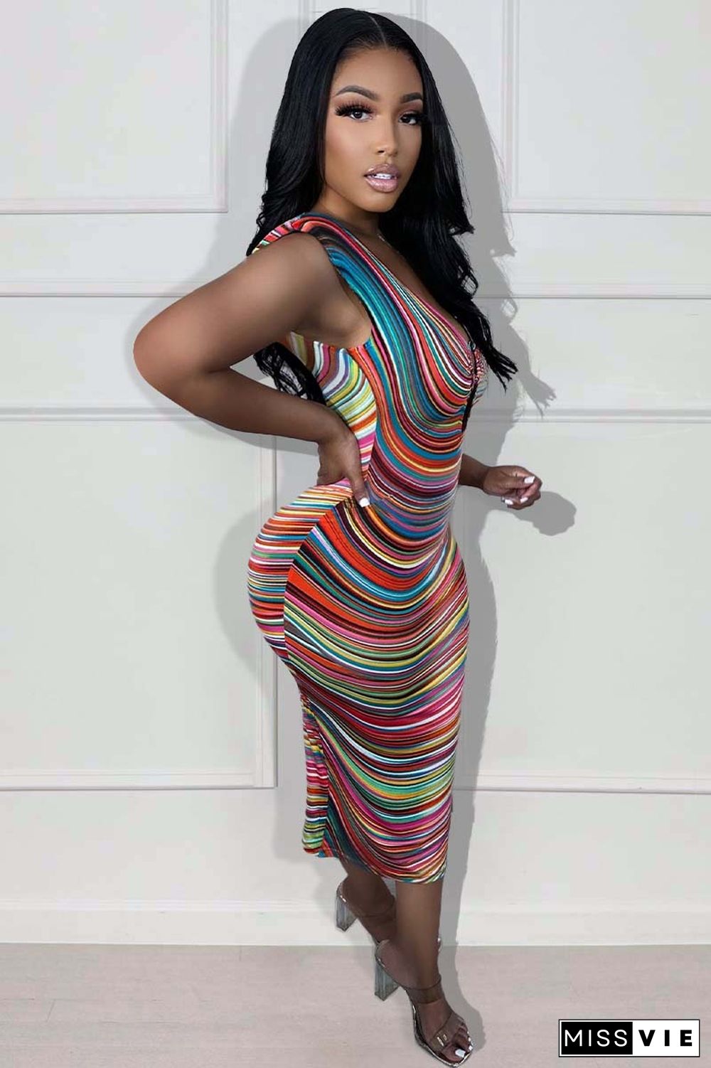 Colorful striped print sleeveless bodycon midi dresses [Pre Order]