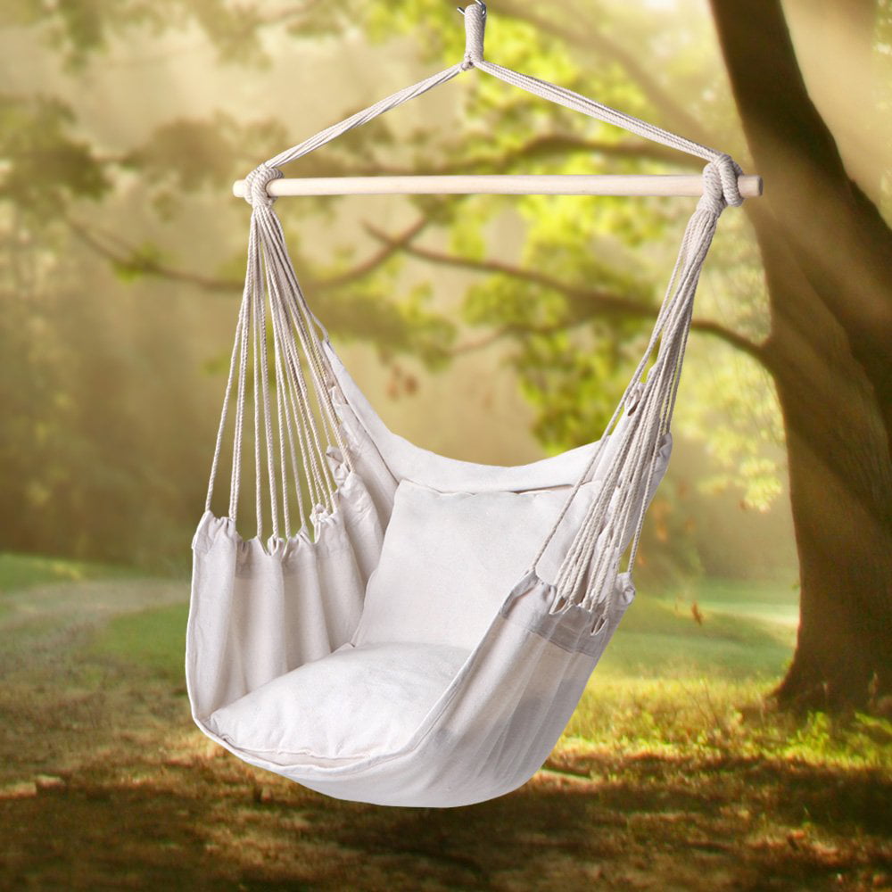 Ktaxon Chair Hanging Rope Swing Hammock Outdoor Porch Patio Yard Seat with Two Pillows, Beige