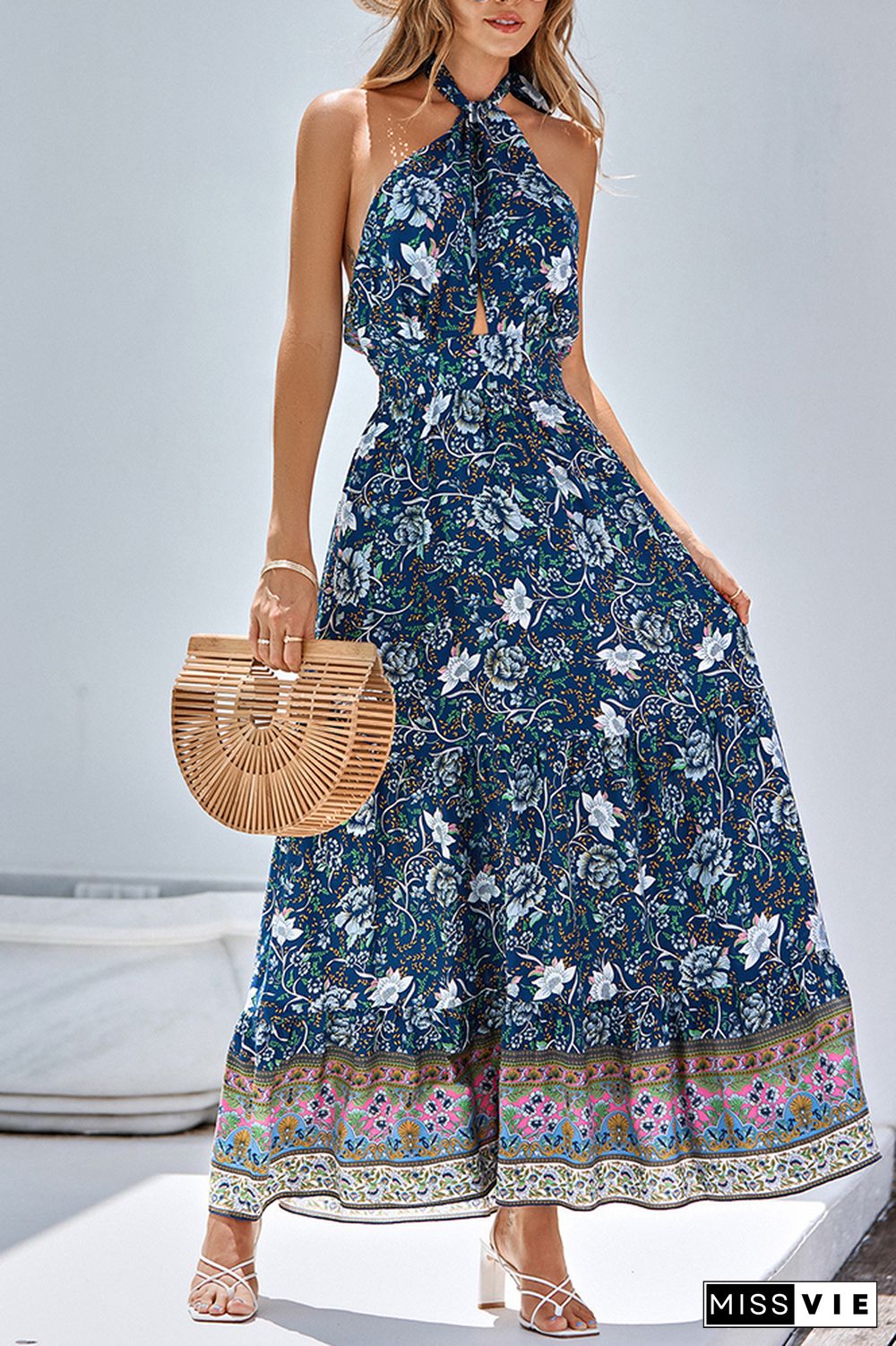 Halter Backless Bohemian Floral Maxi Dress