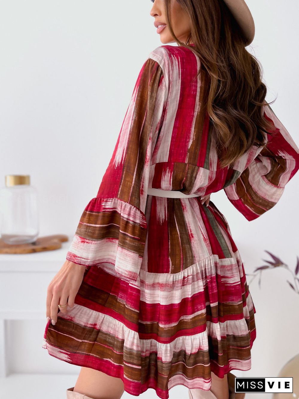 Fashion Tie Dyed V Neck Long Sleeve Dress