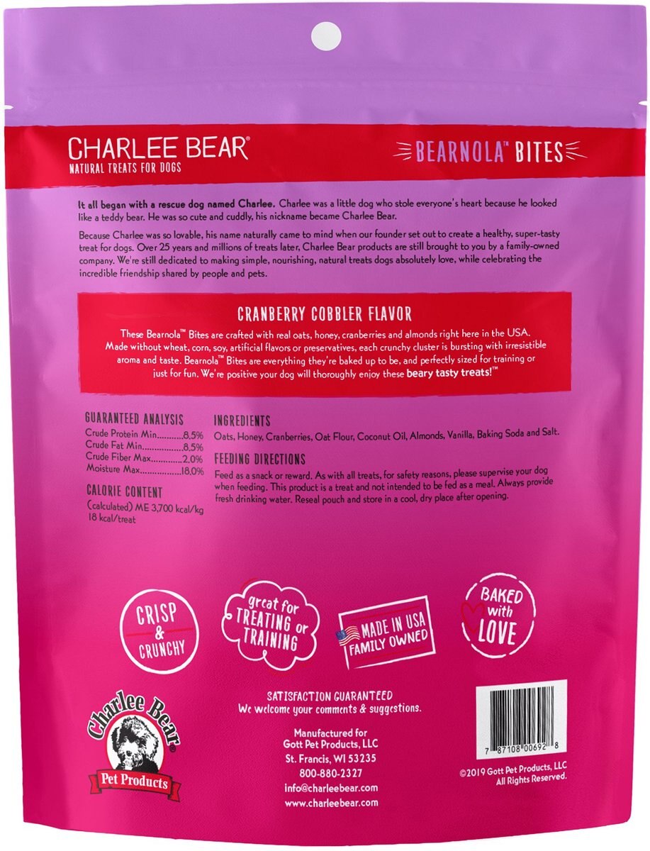 Charlee Bear Bearnola Bites Cranberry Cobbler Flavor Dog Treats， 8-oz bag