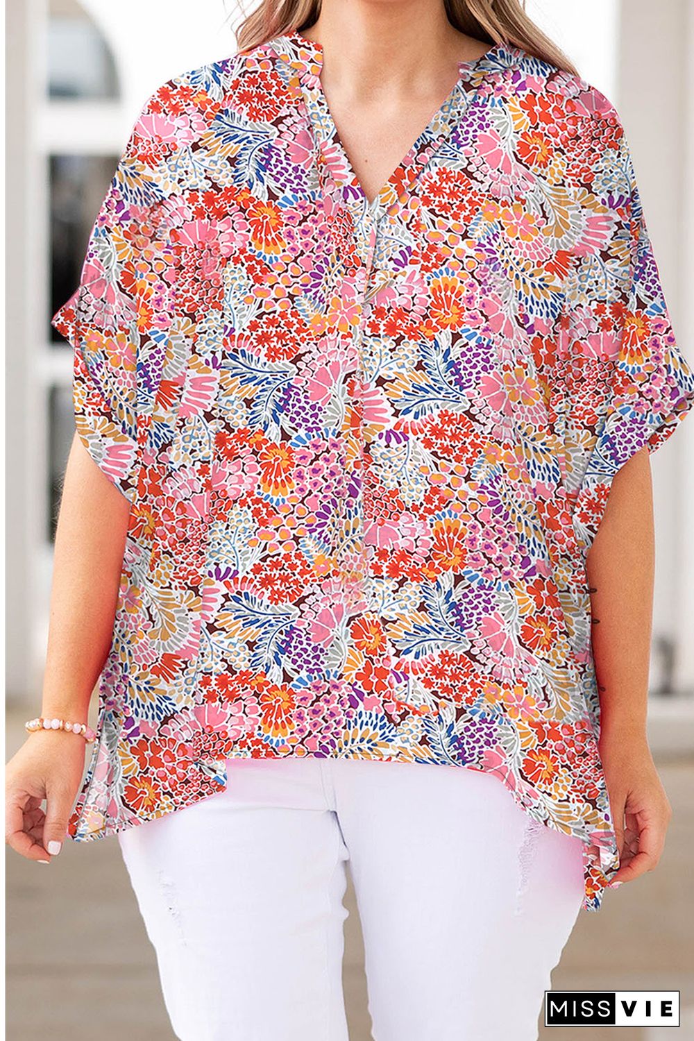 Multicolor Floral V Neck Half Sleeve Plus Size Blouse