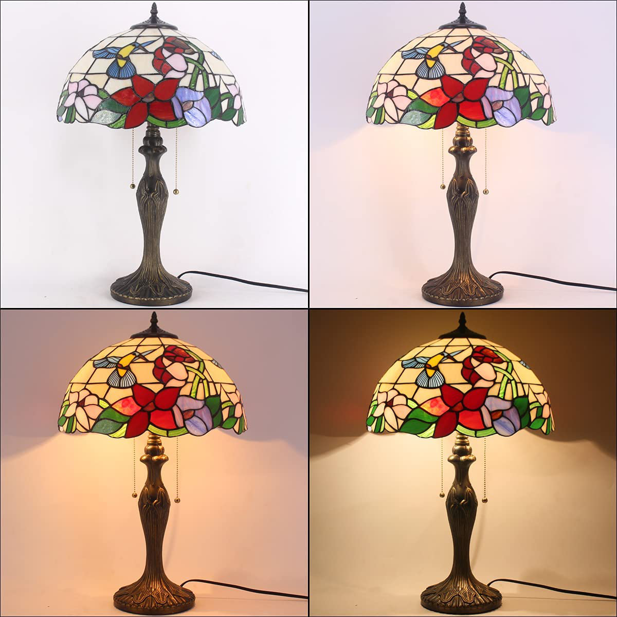  Lamp Table Stained Glass Hummingbird Style Shade Metal Base 24