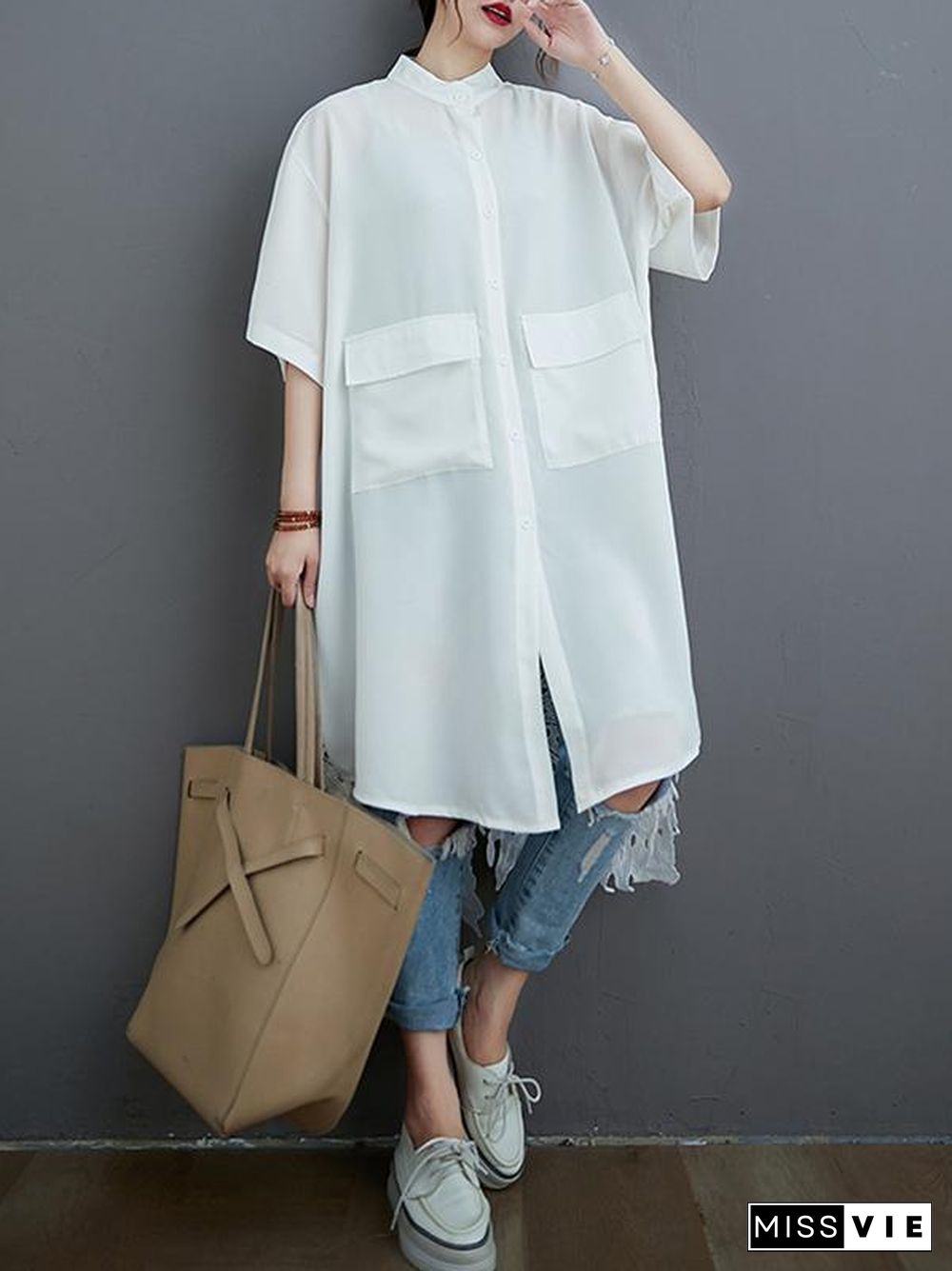 Loose Split-Joint Hollow Solid Long Blouse