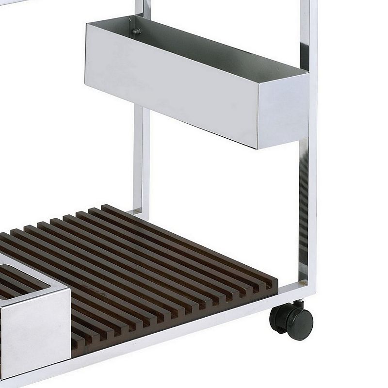 Metal and Wood Serving Cart with Tray and Floating Shelf， Brown and White