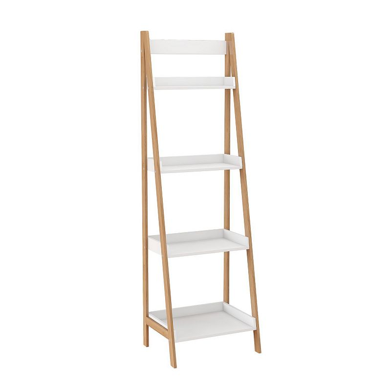 4 Tier Bookshelf with Ladder Style and Raised Edges， White and Brown