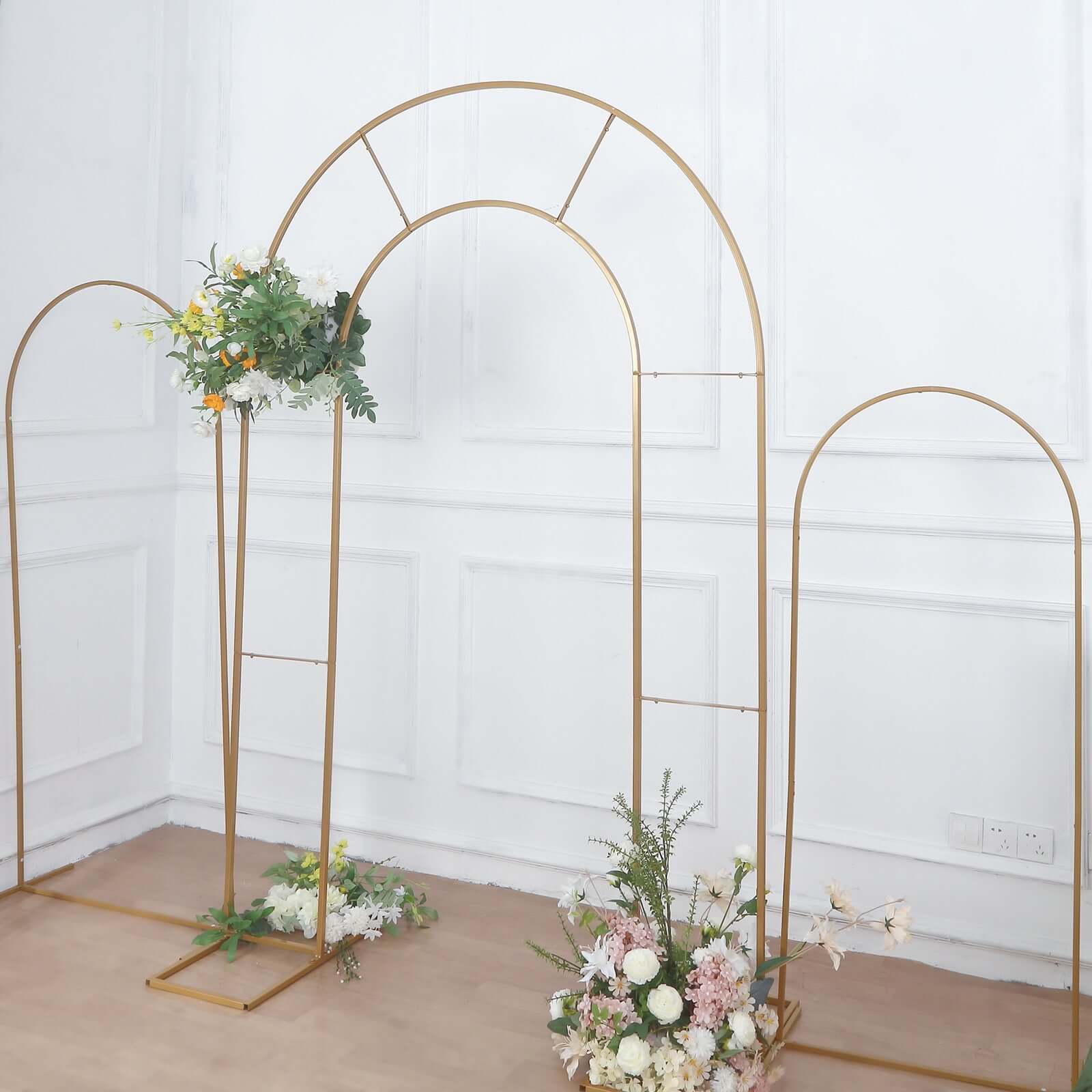 Gold Metal Round Top Double Arch Wedding Backdrop Stand, Flower Balloon Frame Ceremony Arbor 8ft Tall