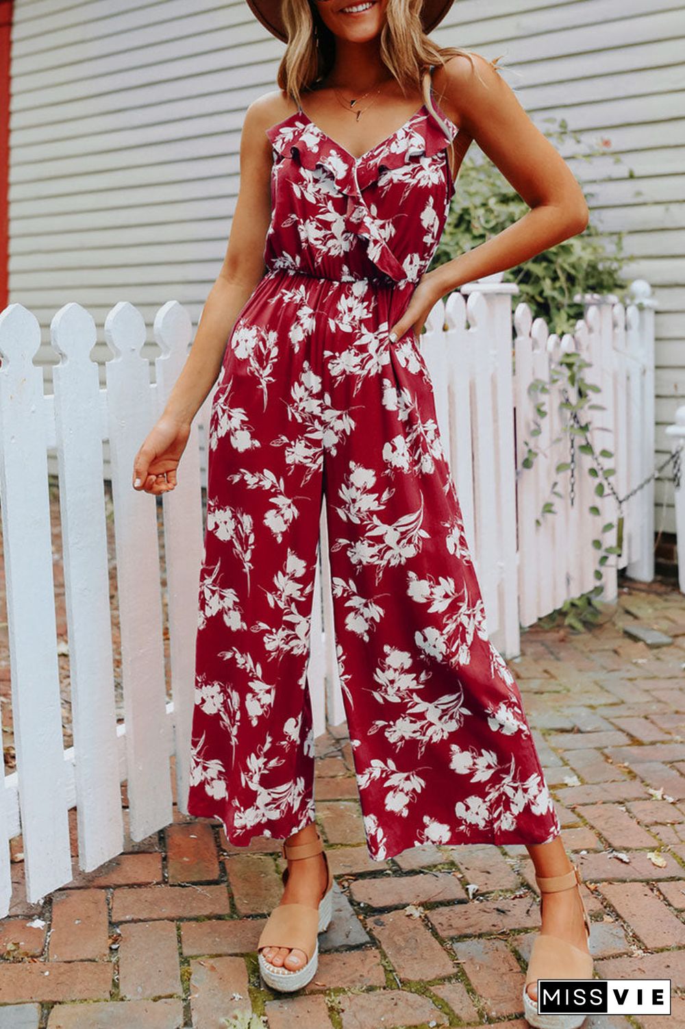 Fashion Casual Print Split Joint V Neck Loose Jumpsuits