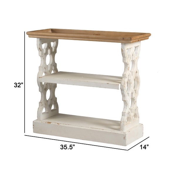 35 Inch 3 Tier Console Table， Fir Wood， Carved Panels， Brown and White