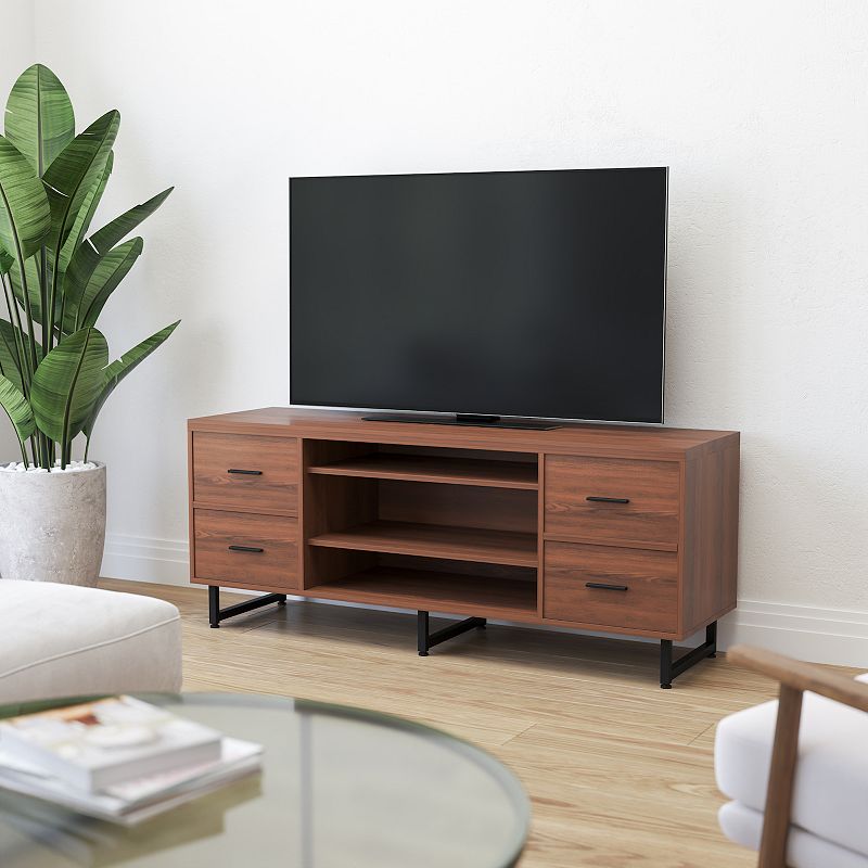 Merrick Lane Cambridge Three Shelf and Four Drawer TV Stand in Rustic Wood Grain Finish with Square Metal Legs