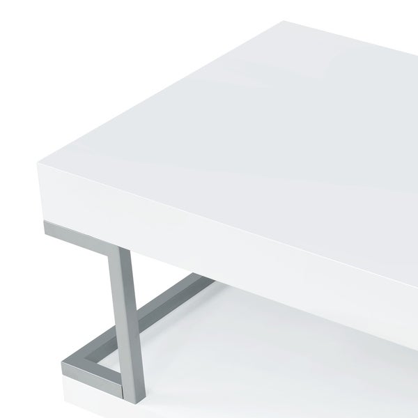 High Gloss Contemporary Coffee Table with Bottom Shelf， White and Silver