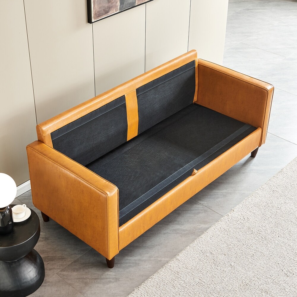 Mid Century Sofa with Hidden Storage Space and Removable Cushion  Faux Leather Sofa with Wood Frame for Living Room