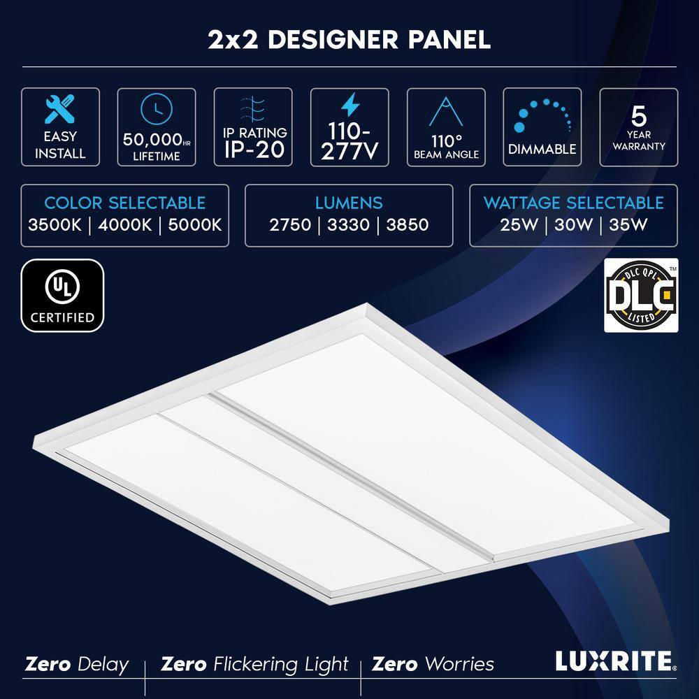 LUXRITE 2 ft. x 2 ft. 275033003850 Lumens Integrated LED Panel-Light 3 Color Options 3500K4000K5000K Dimmable (4-Pack) LR25705-4PK