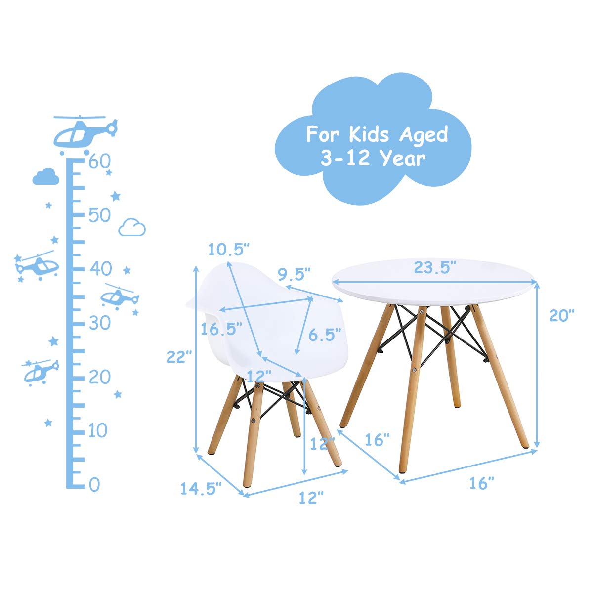 Kids Table and 2 Chair Set, Round Table with Armchairs for Toddler Children