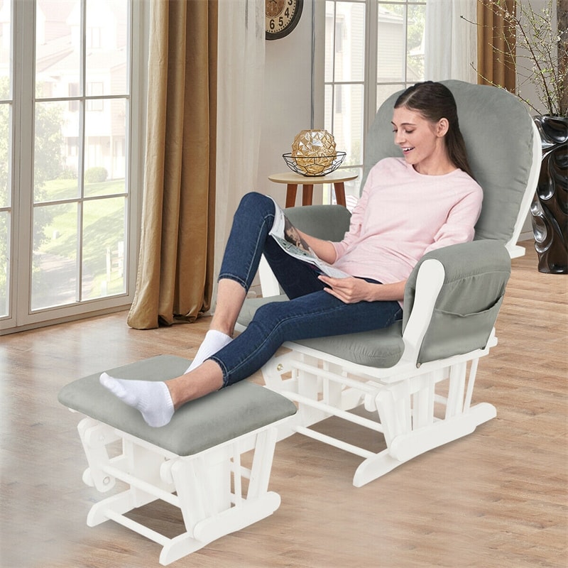 Wood Baby Glider Rocking Chair Nursery Chair with Gliding Ottoman & Storage Pocket