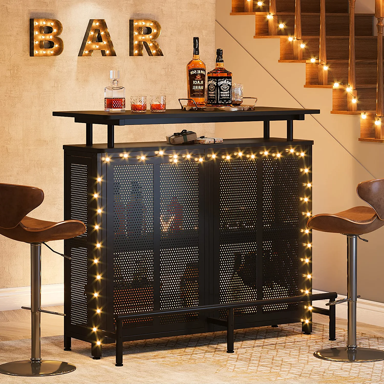 Tribesigns Home Bar Unit Mini Bar Liquor Bar Table with Stemware Racks Wine Storage and Footrest for Home Kitchen Pub， Black