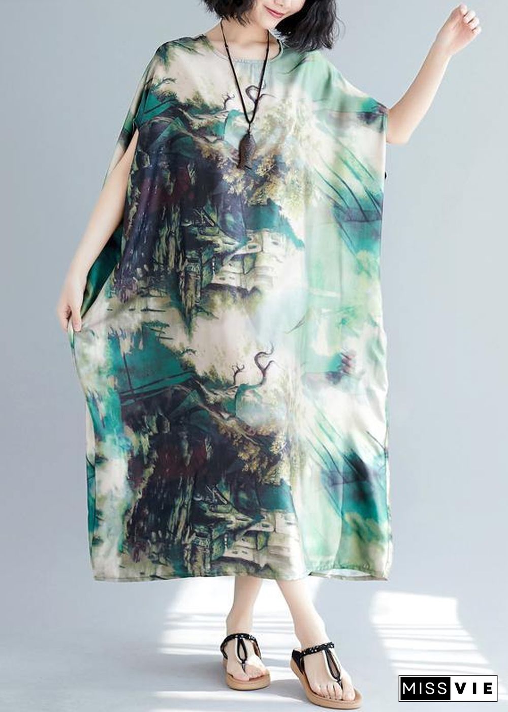 French green print clothes Women o neck batwing sleeve Traveling summer Dresses