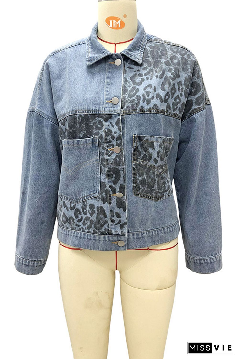 Denim Leopard Print Patchwork Button Jacket Wholesale