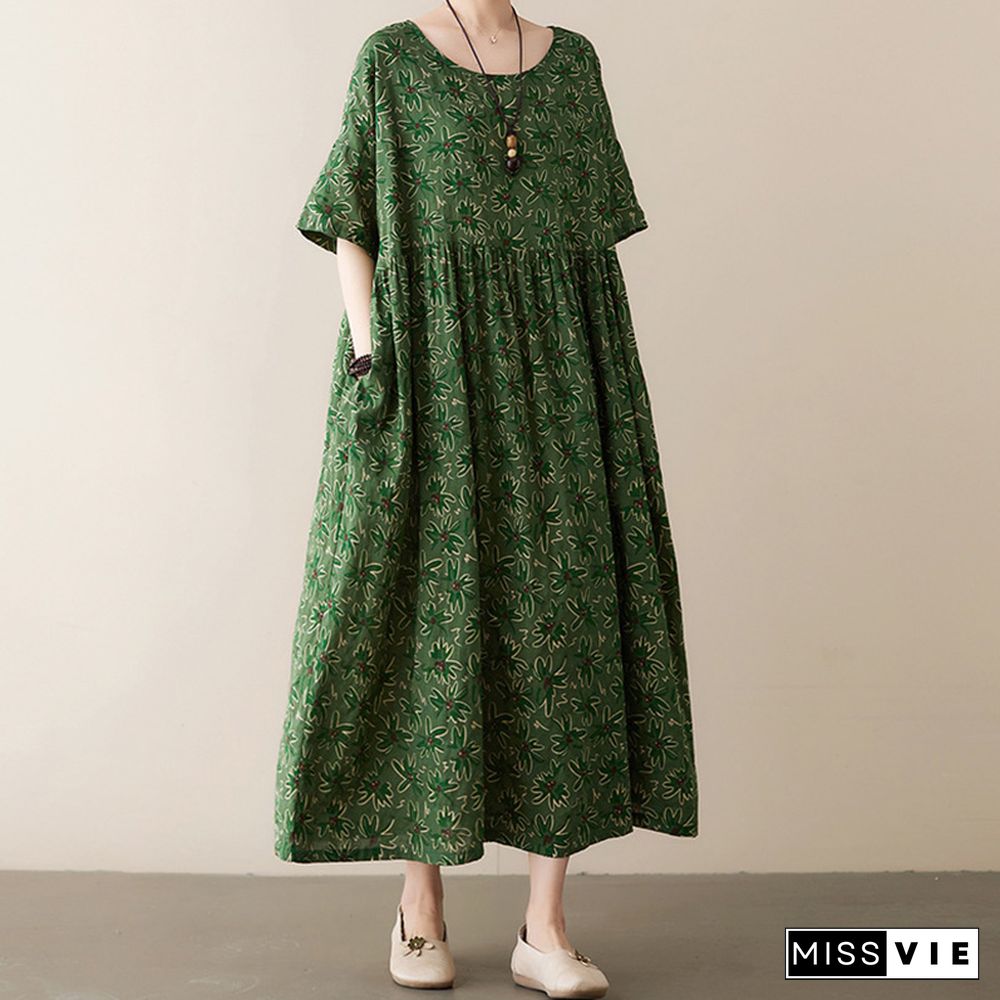 Vintage Floral Print Pocket Loose Linen Dress