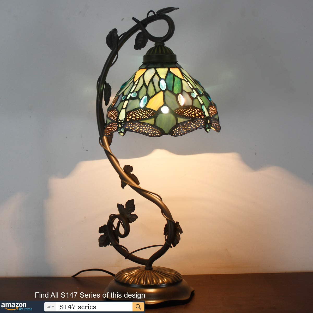 SHADY  Lamp Sea Blue Stained Glass Dragonfly Style Desk Reading Light  Metal Leaf Table Lamp Base 8X10X21 Inches Decor Small Space Bedside Bedroom Home Office S147 Series