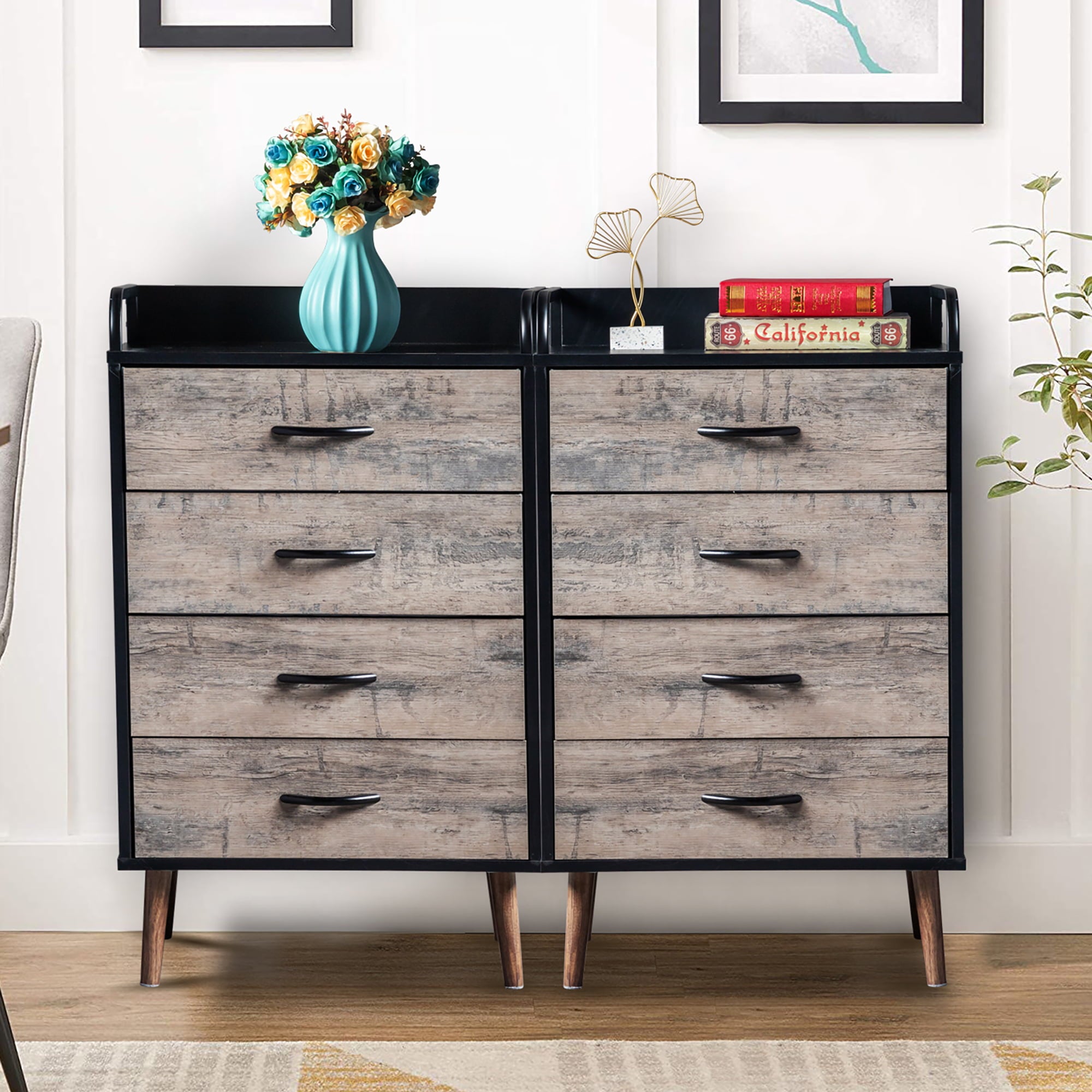 SYNGAR Modern 4 Drawer Dresser, Storage Cabinet with Fabric Drawers and Handles, Dressers and Chests of Drawers, Organizer Unit for Bedroom, Living Room, Hallway, Closets, Nursery, Gray and Black