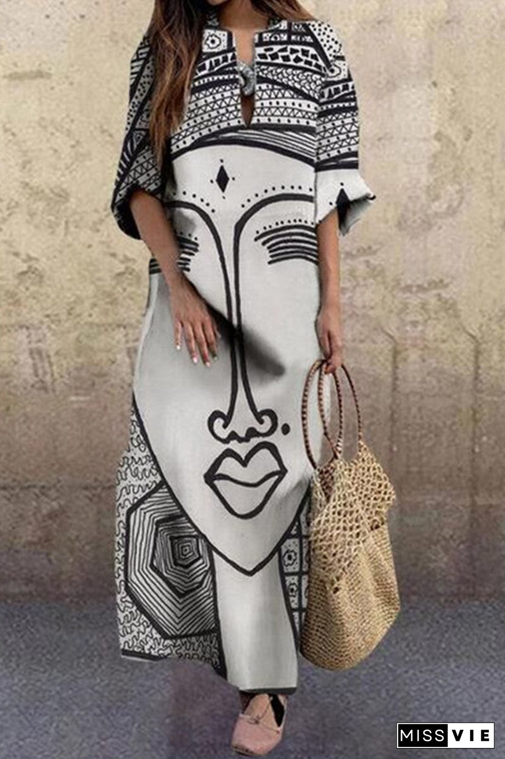 Plus Size Print Printing V Neck Printed Dress Dresses