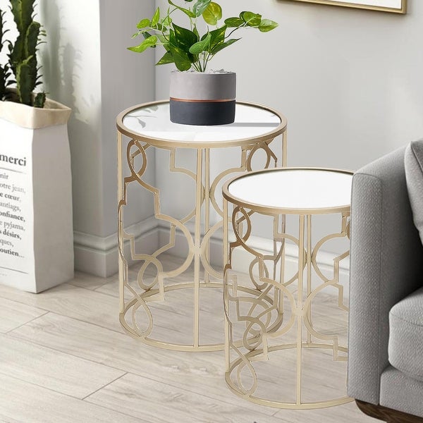 Adeco Goldtone Metal and Glass Nesting Side Table (Set of 2)