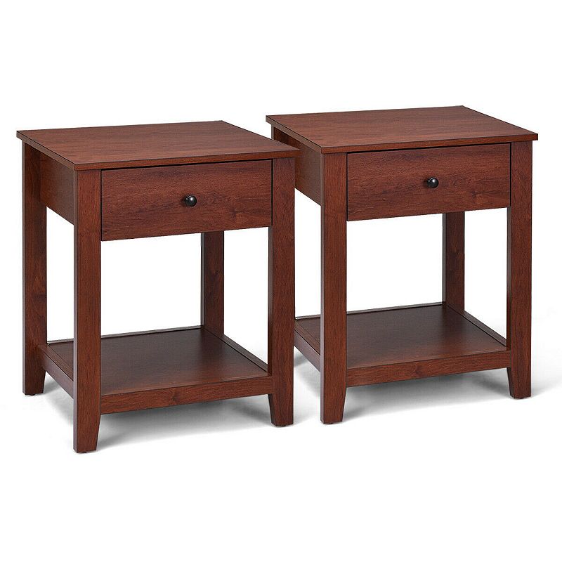 Set of 2 Nightstand with Storage Shelf and Pull Handle