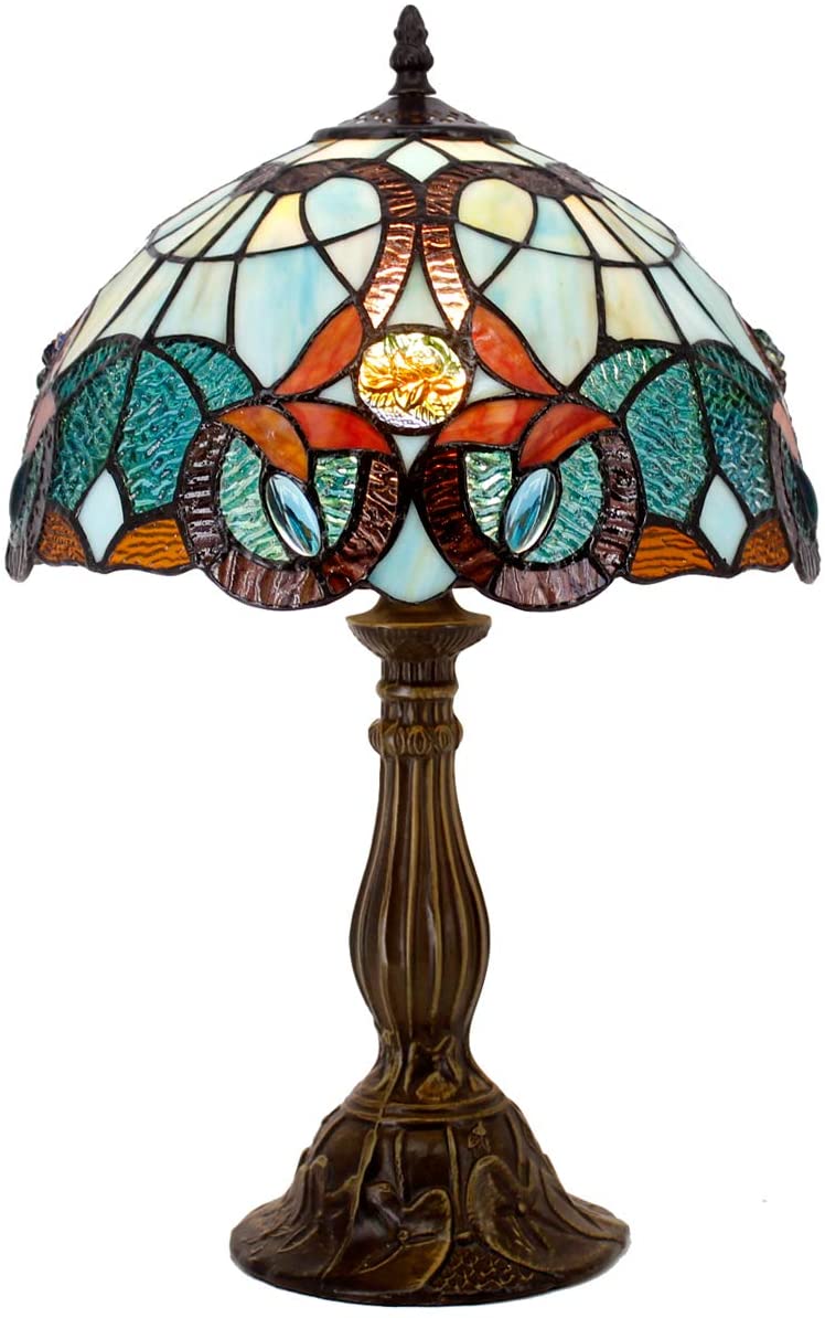 SHADY Tiffany Table Lamp Stained Glass Bedside Lamp Green Blue Floral Desk Reading Light 12X12X18 Inches Decor Bedroom Living Room Home Office S802 Series