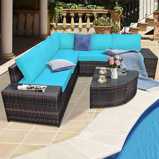 Tangkula 6 piece Outdoor Rattan Conversation Set Sectional Sofa Set With Arc shaped Table