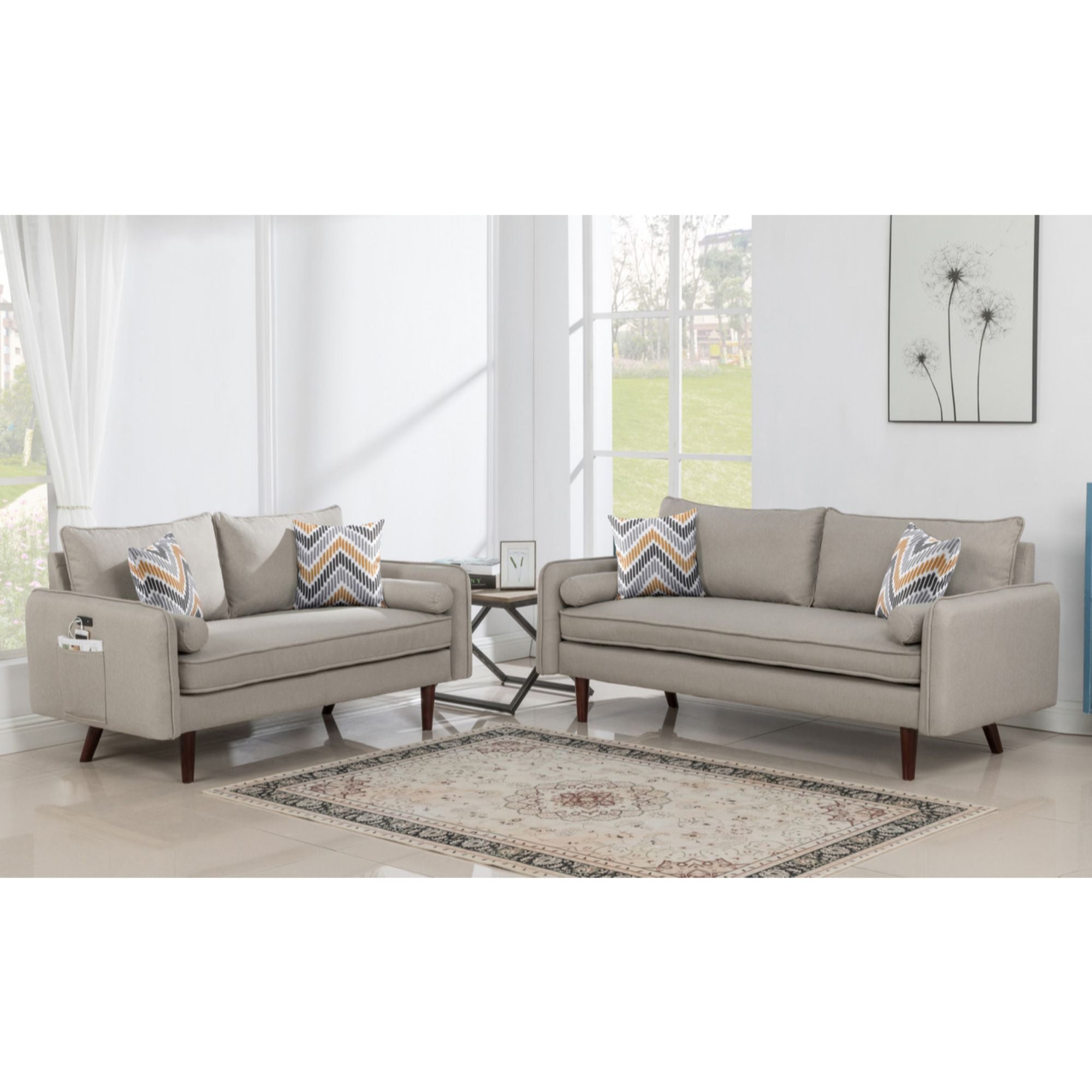 5.75' Cream Beige Mid-Century Modern Sofa and Loveseat Living Room Set with USB Charging Ports and Pillows