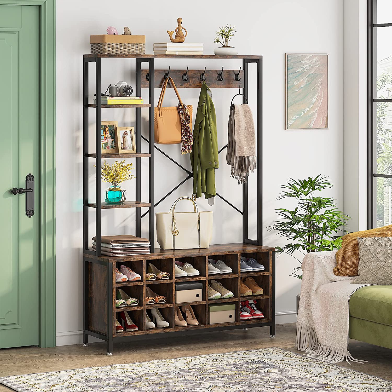 Tribesigns Entryway Hall Tree with Bench and Shoe Storage Bench with Coat Rack with Storage Shelves， Industrial Mudroom Bench with Shoe Storage and Coat Rack Hooks， Furniture for Hallway， Bedroom