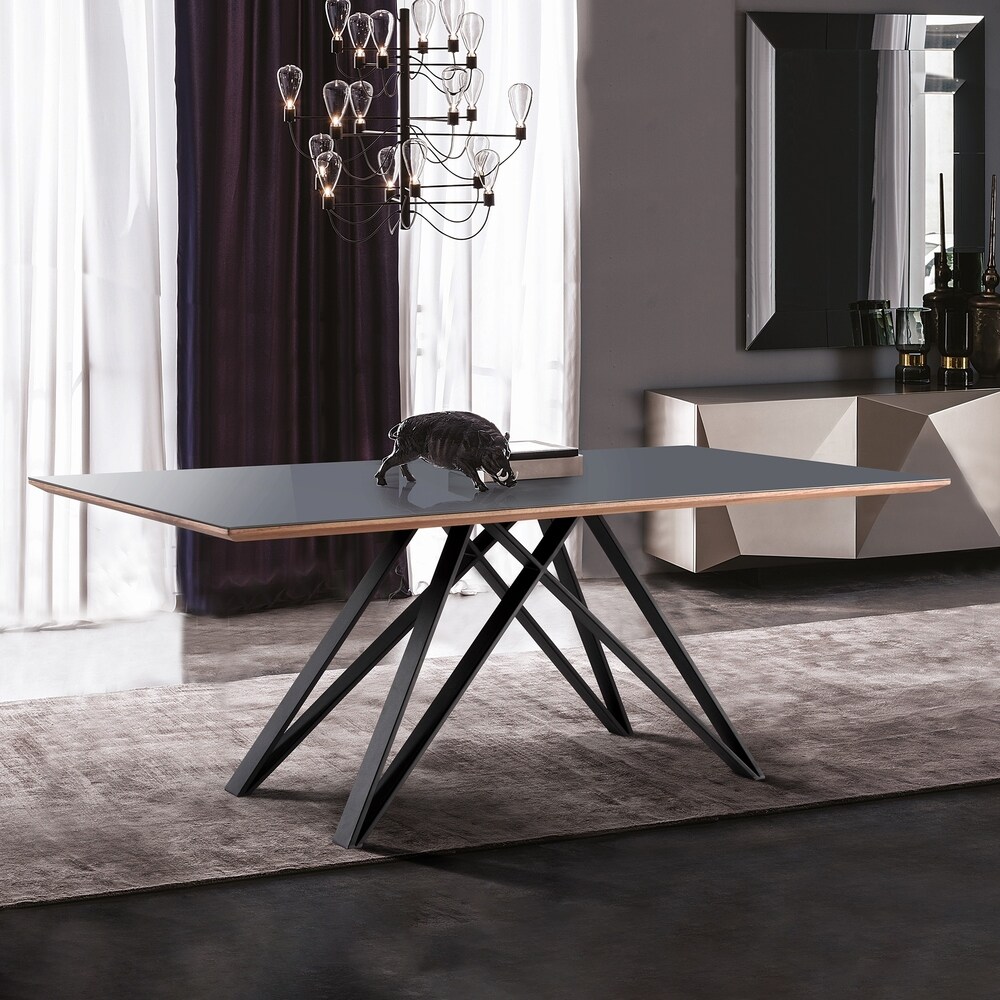 Urbino Dining Table in Matte Black Finish with Walnut and Dark Gray Glass Top